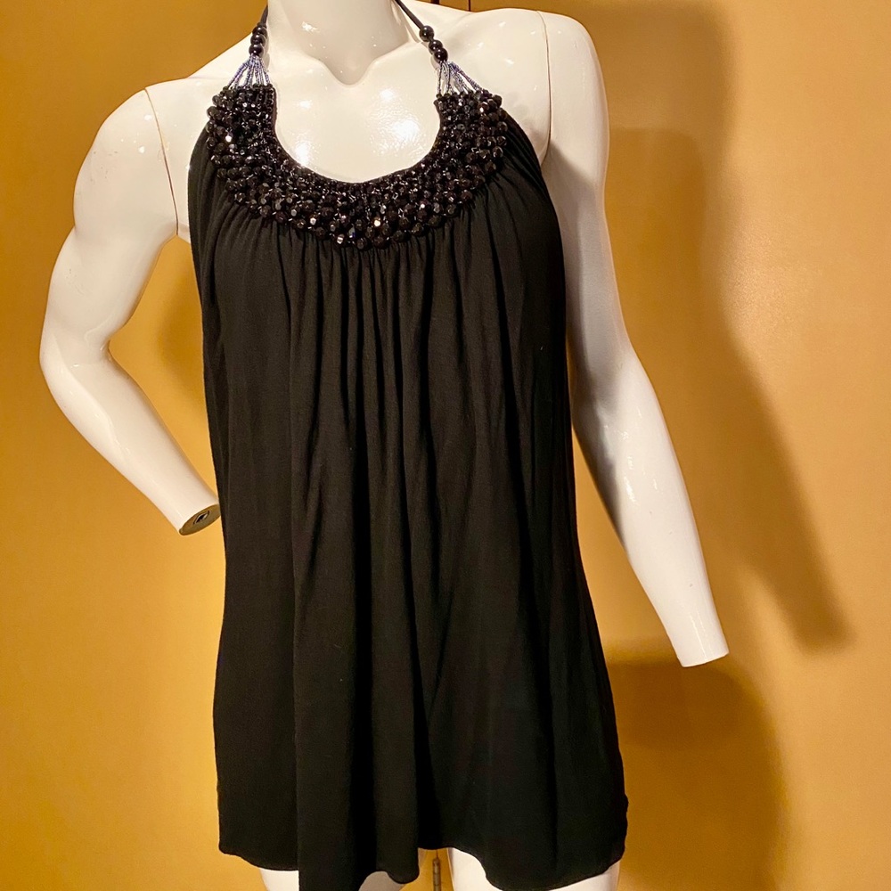 Beaded collar black halter top, size L